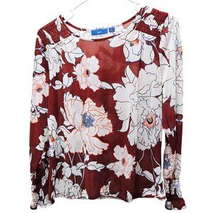 APT.9 BOLD FLORAL RUST ORANGE WHITE LONG SLEEVE SMOCKED SHOULDERS TOP MEDIUM